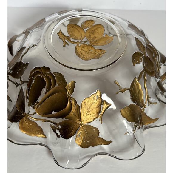 Vintage Glass Intaglio Fruit Bowl Goofus Glass Ruffled Gold Rim Red Fruit - Picture 3 of 14